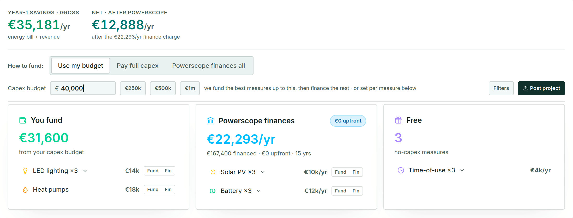 The Powerscope Plan Builder allocating measures with costs, savings and payback per building